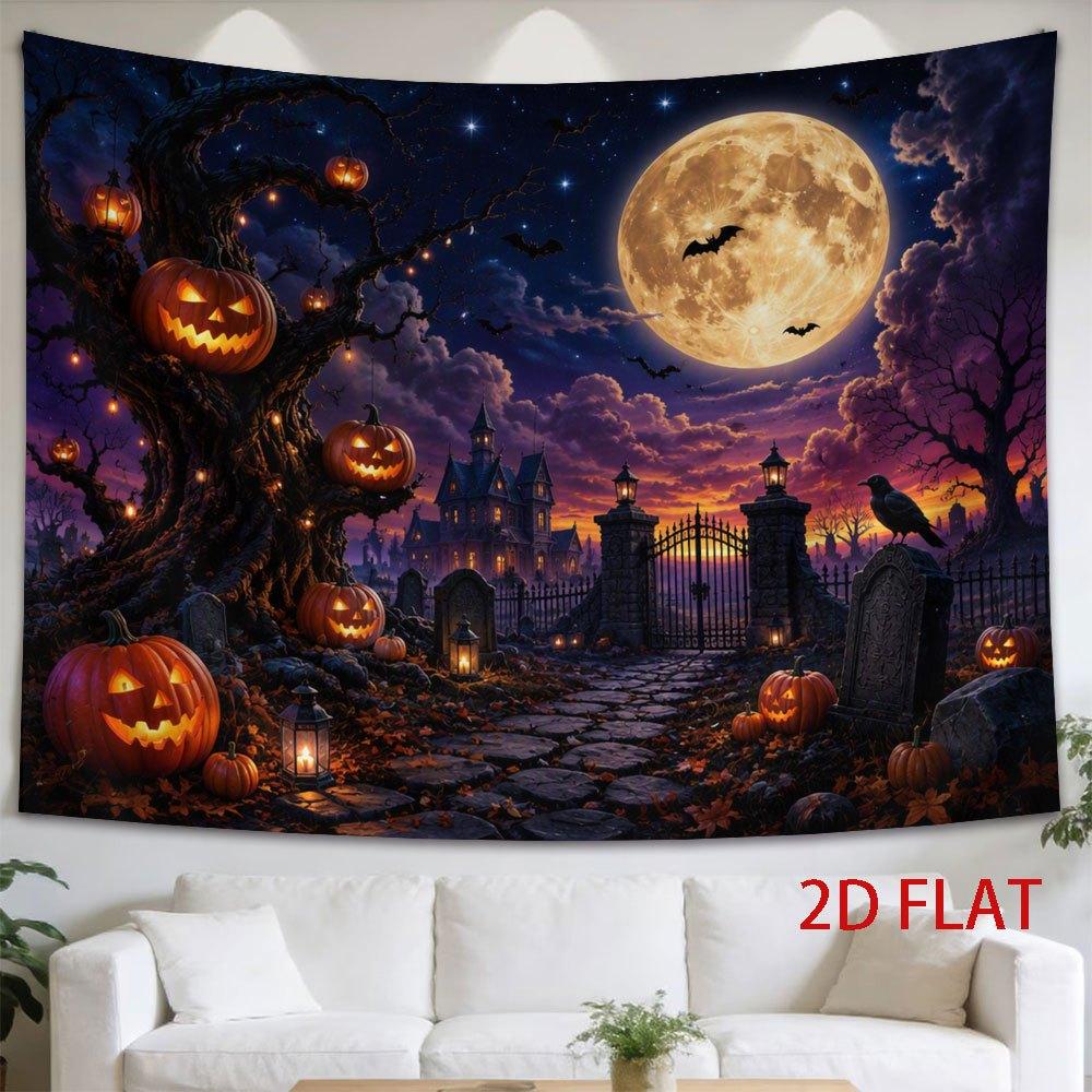 2D Flat, 1pc 2D Flat Tapestry Halloween Pumpkin Tree Under Full Moon with Haunted Castle and Cobblestone Path, 2D Flat