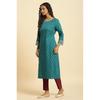 W For Woman Blue Geometric Printed Cotton Long Kurta with Zari