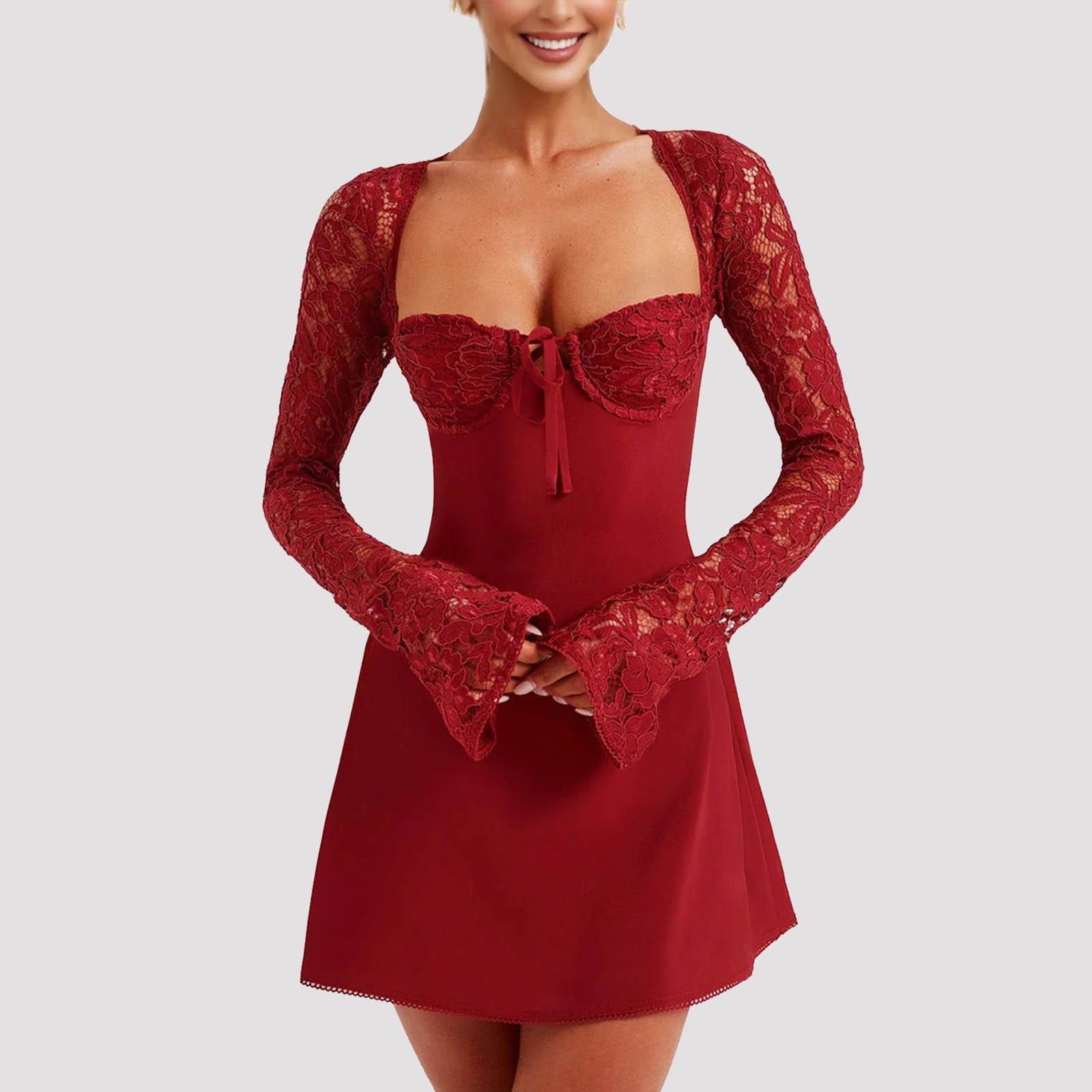 Women  s Elegant Lace Dress Lace Patchwork Long Sleeve Low Cut Dress Backless Going Out Dress S
