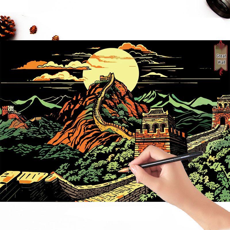China Great Wall Night View Scratch Art: Colorful Cityscape DIY Painting Book