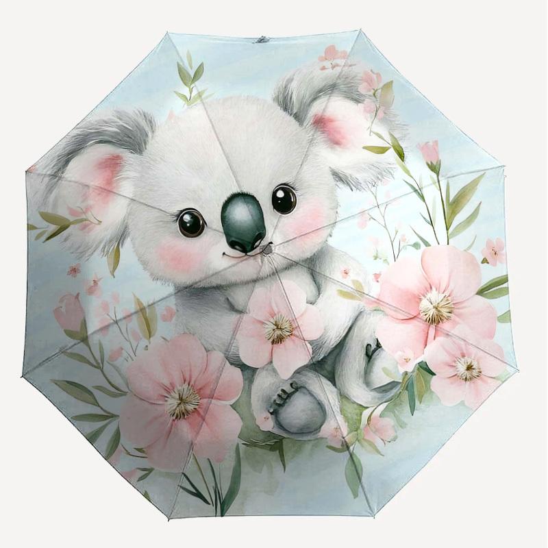1pc Koala Flowers Automatic Open/Close Umbrella Compact Folding Umbrella with 8-Rib Shaft for Women/Men, Elegant Birthday1315S