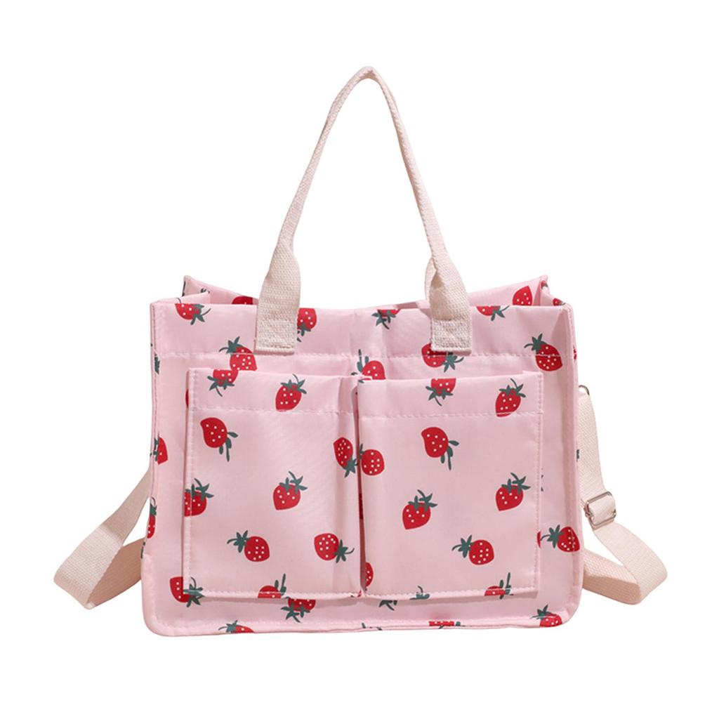 Strawberry Printed Tote Bag Cute Large Capacity for Commuting Grocery Travel Pink