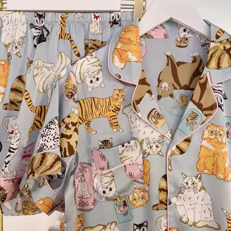 Pijama Scurtă de Damă Stil Coreean cu Pisică Desen Animat Nouă de Vară Răcoroasă de Dormit Loungeuri Fashion Casual Clasic Articole de Casă pentru Femei