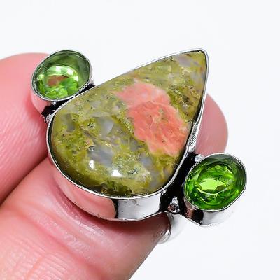 Natural Unakite, Peridot Gemstone 925 Sterling Silver Gift Ring Size 7.5 A7d54
