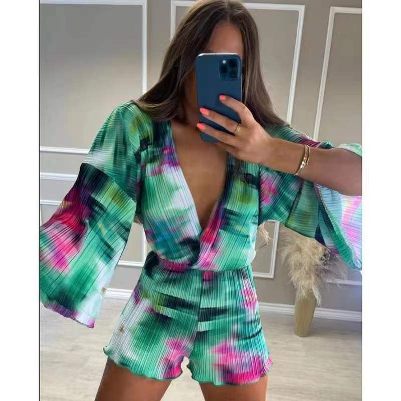 

Модный принт с эффектом ветра, драпированный комбинезон с сексуальным V-образным вырезом, набивной сексуальный комбинезон с V-образным вырезом Picture Color L