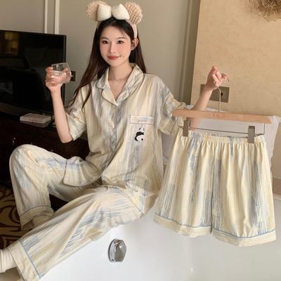 Wind Contrasting Color Pattern Printing Pajamas Women'S Short-Sleeved Loungewear Sweet Wind Three-Piece Set Can Be Worn Outside
