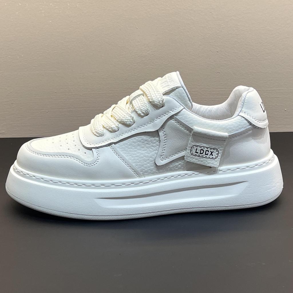 Autumn 2025 Men's Genuine Leather White Sneakers: British Style, Thick Sole, Casual, High-End Fashion