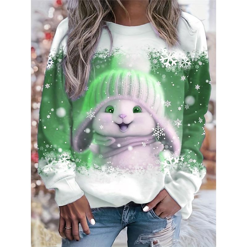 Women's Sweatshirt Long Sleeve Winter Bunny with Hat Graphic Blue Snowflakes Crew Neck Casual Comfortable Holiday Festive Homewear Regular Fi