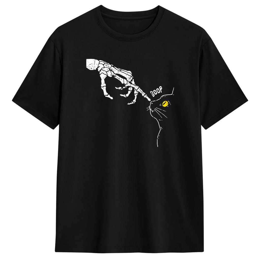 Cat Black Lover Skeleton Hand Boop Funny Halloween T-Shirt Summer Pure Cotton T-Shirts For Male Hipster Design Tshirt