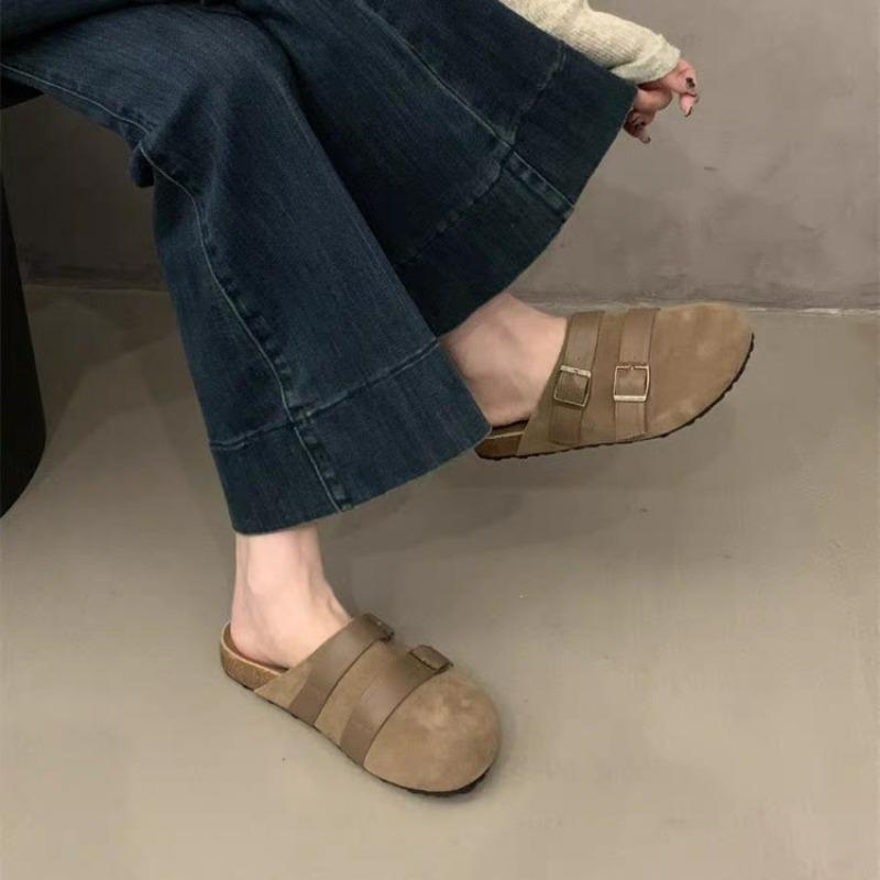 Fashion Women's Fashion Baotou Slippers Spring New Round Head Deep Mouth Suede Metal Buckle Anti-slip Wear-resistant Flat Shoes