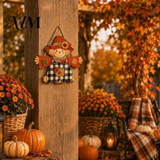 Front Door Welcome Sign Fall Wooden Hanging Sign, Autumn Scarecrow & Pumpkin Maple Leaf Festival Wood Hanger, Harvest Thanksgiving Decor, Farmhouse