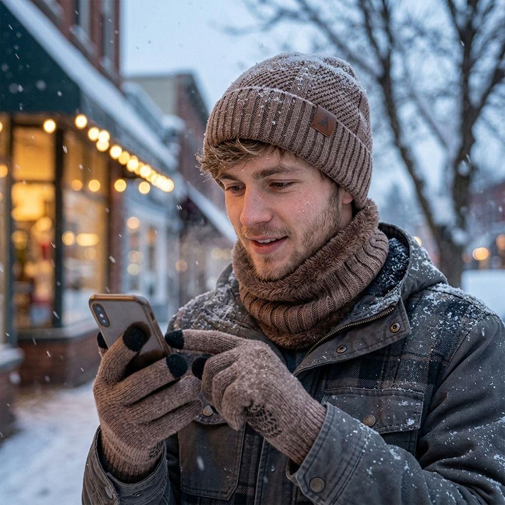 3Pcs/Set Plush Lining Knit Beanie Snood Set Warm Touchscreen Gloves for Men