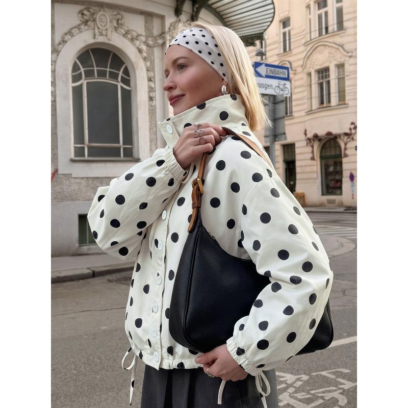 VEZFAA Women's Fashion Casual Polka Dot Print Fall Winter Long Sleeve Stand-Neck Jackets & Coats