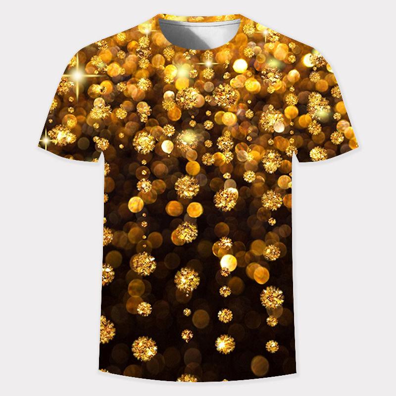 Summer New 3D Gold Digital Harajuku Print Short Sleeve Round Neck Men's Casual Personality Hip Hop Street T-shirt Tops