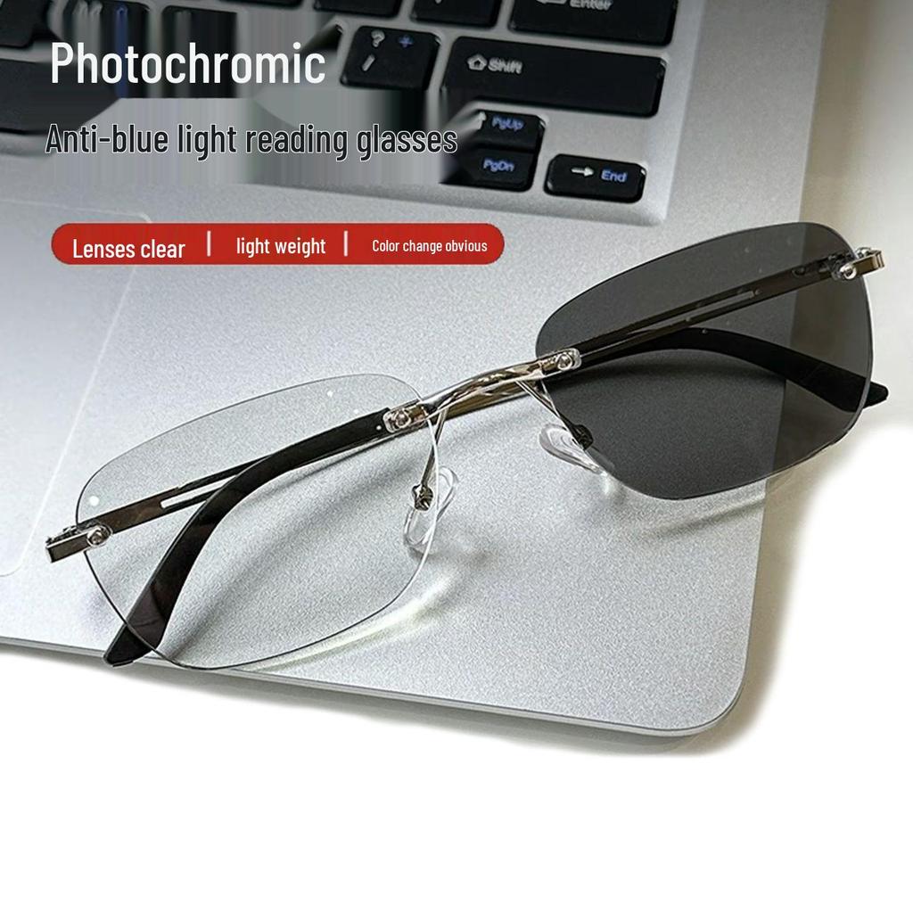 Premium Men's Rimless Photochromic Reading Glasses with Anti-Blue Light for Driving, Fishing, Outdoor UV Protection, and Stylish Appeal
