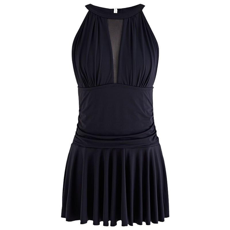 Sexy Swimsuit High-end Solid Color Dress Style Mesh Hanging Neck Style Sleeveless One-piece Swimsuit for Women