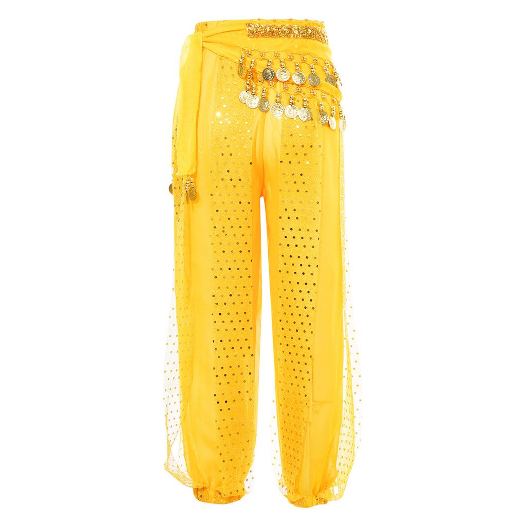 Girls Ethnic Dance Trousers Sequined Dots Design Chiffon Fabric Elastic Waist Bloomers Performance Pants