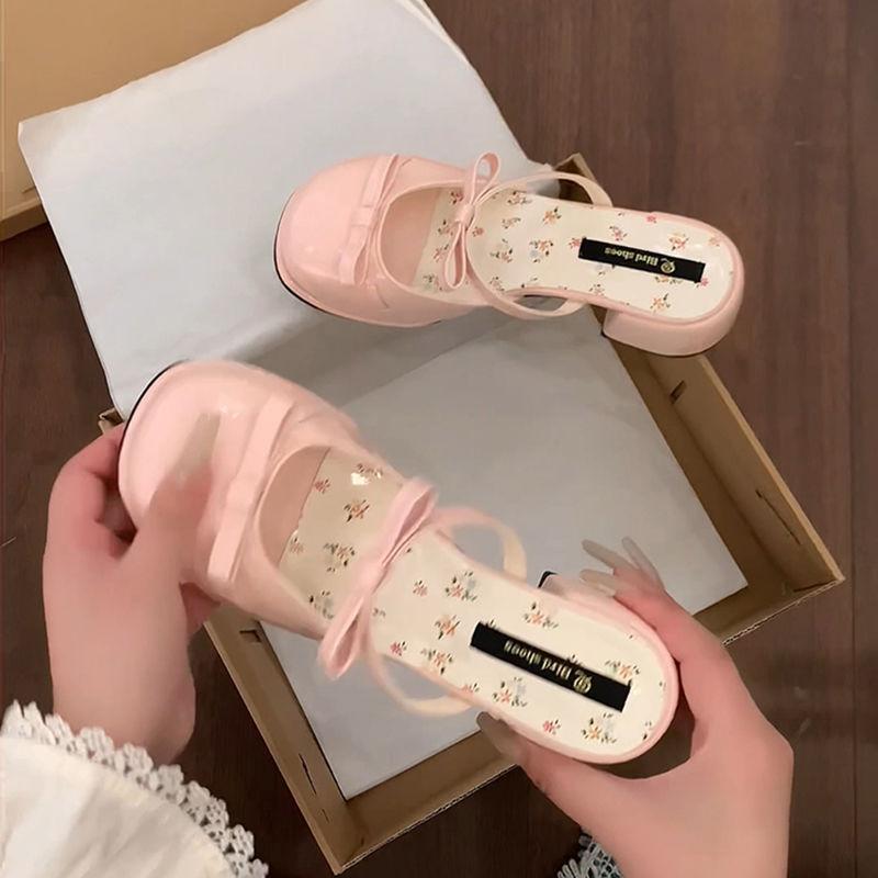 Fairy style bow wedge single shoes women's outer wear 2025 new open-toed square head with skirt temperament slippers tide