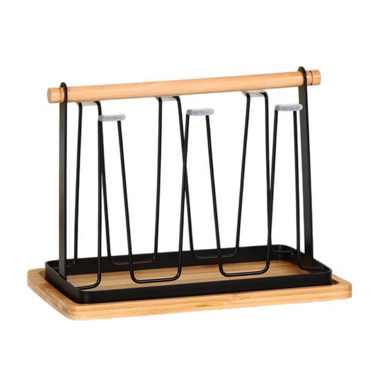 Iron Cup Drying Rack with Wood Handle & Drip Tray Baby Bottle Dryer Holder Space-Saving Countertop Organizer for Mugs