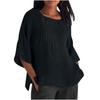 Seven Quarter Sleeve Pleated Round Neck Top Cotton and Linen Women’s Blouses & Shirts