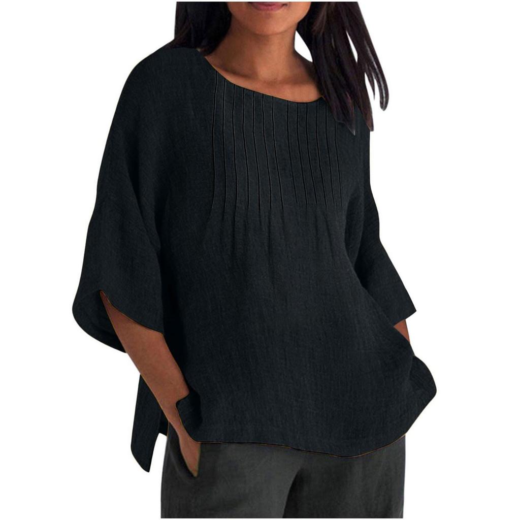 Seven Quarter Sleeve Pleated Round Neck Top Cotton and Linen Women’s Blouses & Shirts