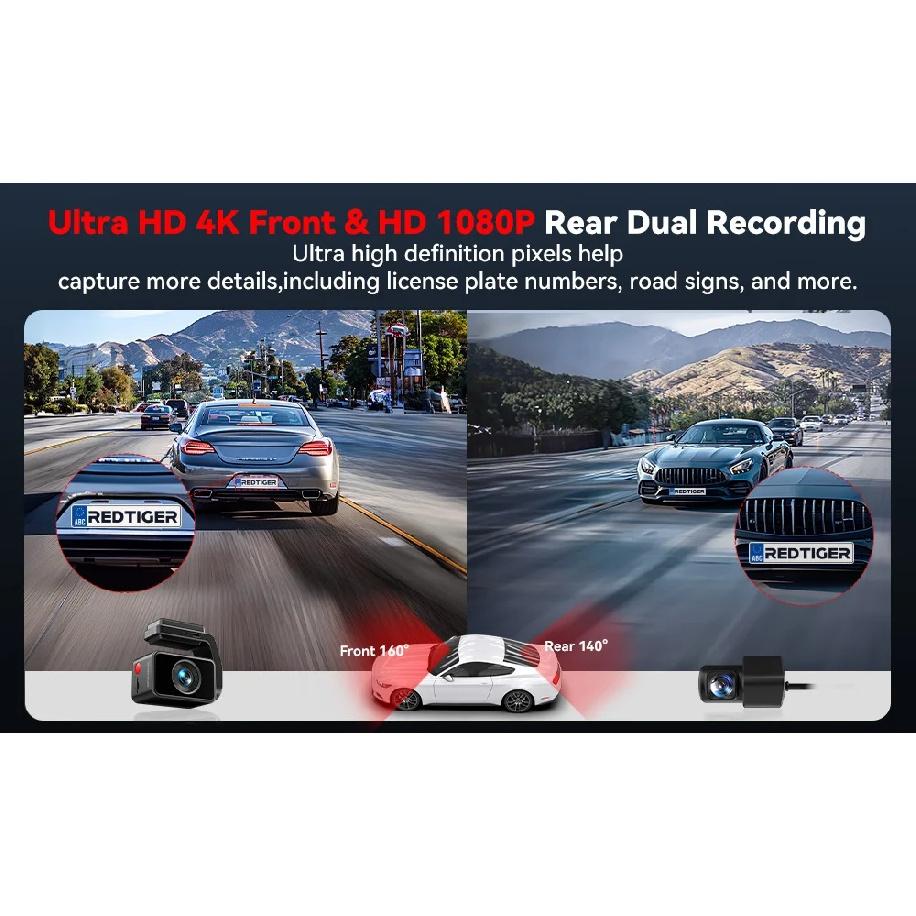 REDTIGER  A4 4k Dash Cam Front and Rear Drive Recorder GPS& 5G WiFi Touch Screen Night Vision 24H Parking Mode Voice Control