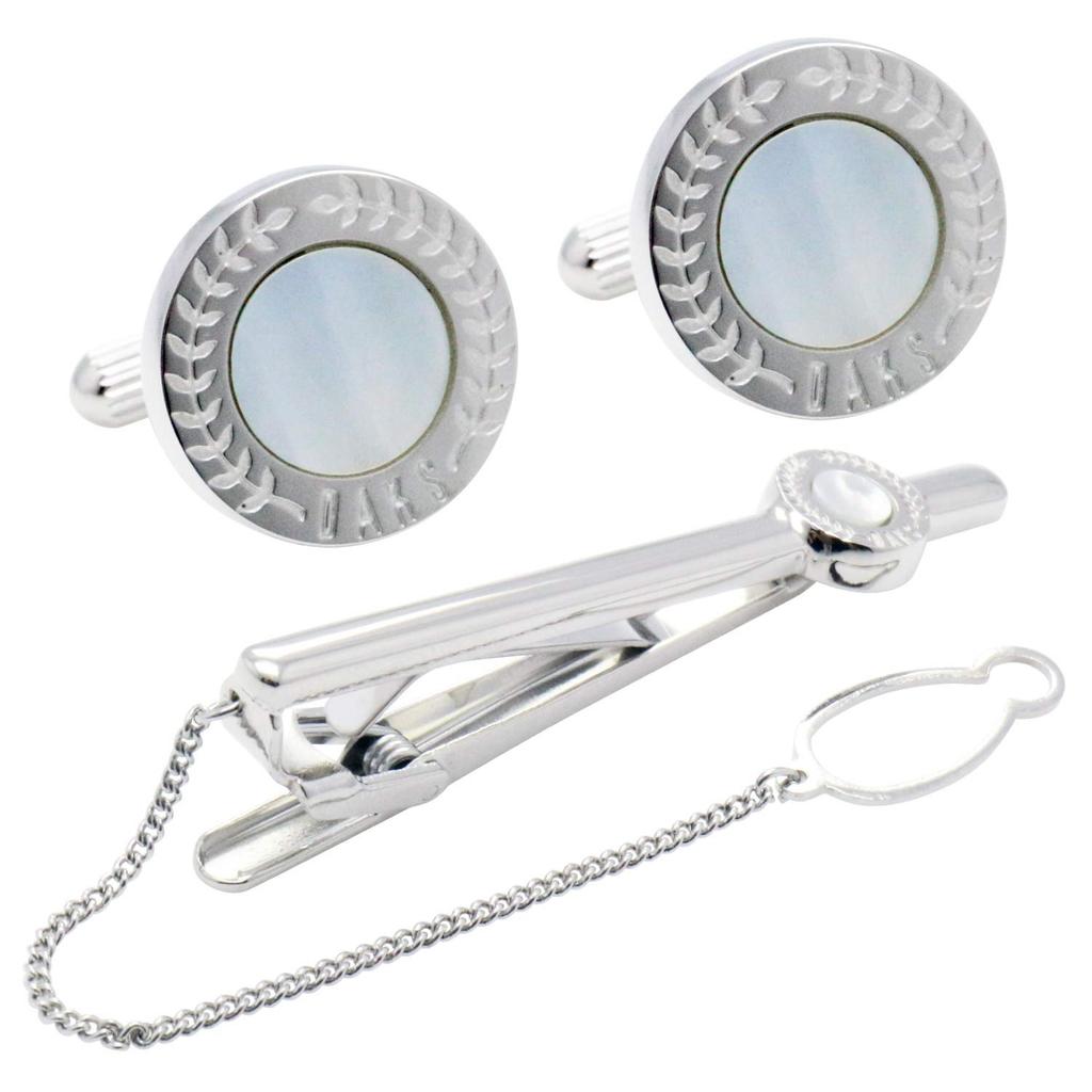 Dachshund Silver Round Cufflinks and Tie Clip Set Shell, Mother-of-Pearl (se-da027)