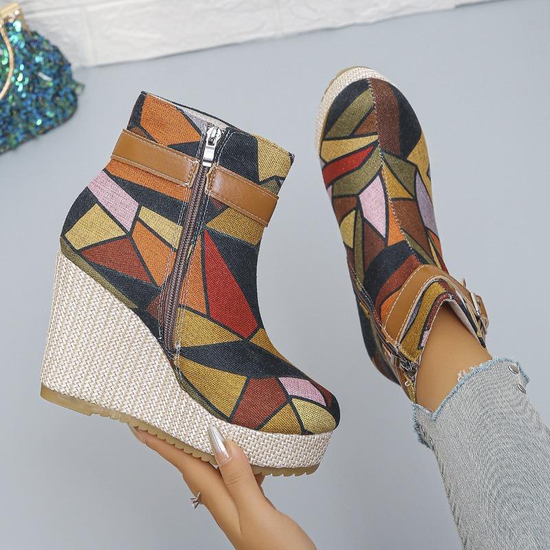 Women's Autumn Belt-Buckle Short Martin Boots, Leopard-Print Wedge Chelsea Style, Available In Large Sizes.