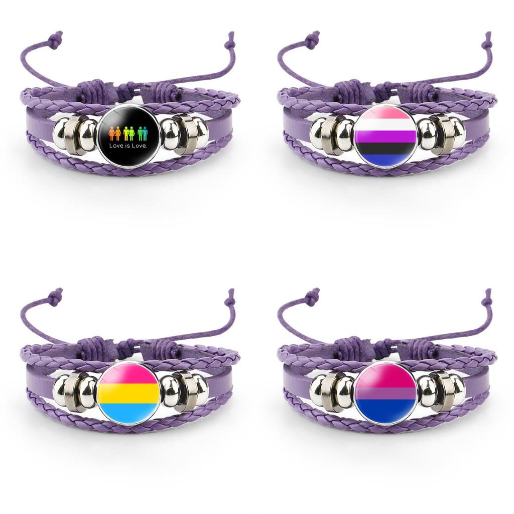 Unique Purple Leather Bracelet With Rainbow Flag Time Gemstone For Men And Women