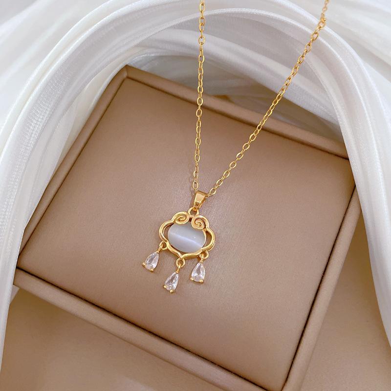 Opal Lucky Lock Light Luxury Temperament Gorgeous Full Diamond Necklace Female Versatile Collarbone Chain Titanium Steel Chain