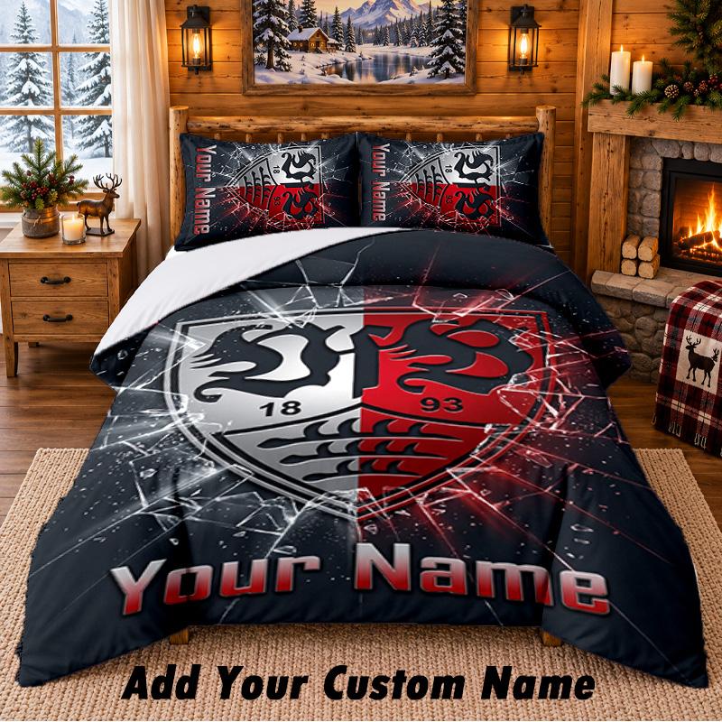 VfB Stuttgart FC Pattern Bedding 3Pcs Set Custom Name, Bed Sheet And Pillowcases For Home Bedroom