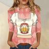 Women Casual Three Quarter Sleeve Oktoberfest Print Round Neck Shirt Lightweight Comfortable Fit Stylish Design