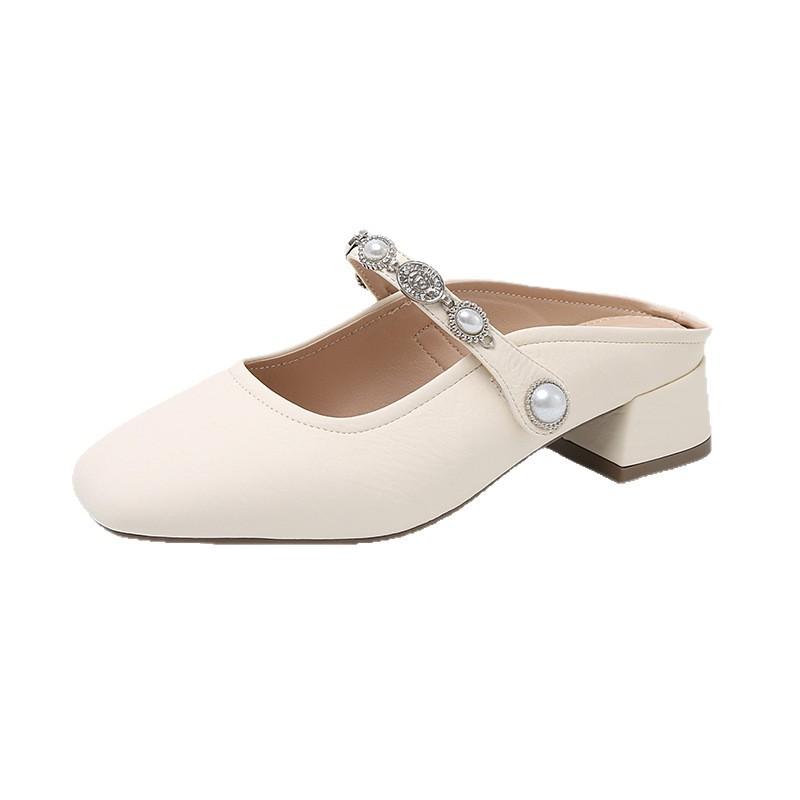 Mary Jane shoes half slippers women's 2025 summer outer wear silver high-end sense one pedal lazy shoes sandals muller shoes