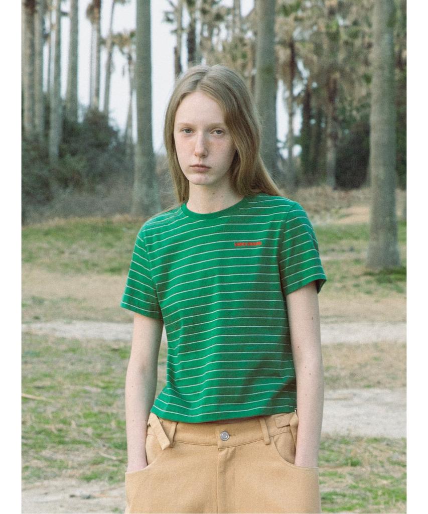 Saendeusaundeu (Women) Crop Striped Short Sleeve T-Shirt Green