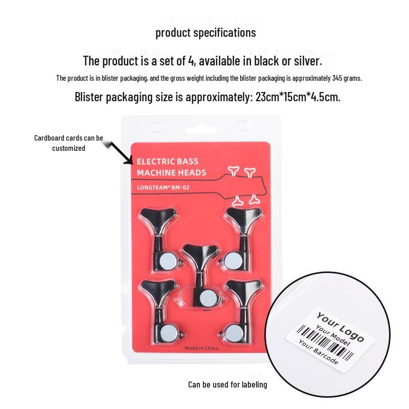 Langting 5-String Electric Bass Tuners, Black/Silver Fishbone Design, All-Metal, 5-Pack
