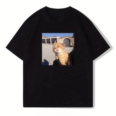 Women Men Casual Crew Neck T-Shirt Cotton Short Sleeve Tee with Cat Print Summer Fashion Top Women Clothing Vintage T Shirt