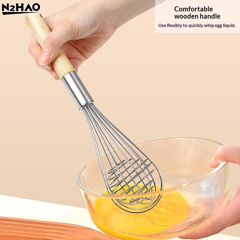 1PCS Stainless Steel Eggbeater Cream Mixer Spin Stirrer Egg Whisk Manual Wood Handle Knead Dough Rotary Eggbeater Stiring Stick