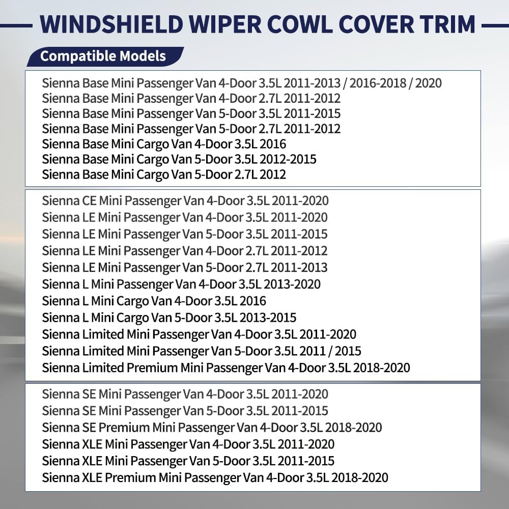 2Pcs Windshield Wiper Cowl Cover Trim 53866-08020 53867-08020 Compatible With Toyota Sienna 2011 2012 2013 2014 2015 2016 2017 2018   Wiper Cowl Trim