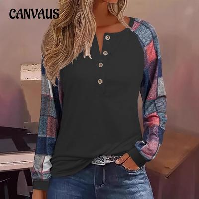 Camicetta Primavera Estate T-shirt da Donna Manica Lunga Abbottonatura Moda Casual