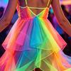 Lightweight Neon Rainbow Gradient Sheer Mesh Cami Dress UV Glow Rave Outfit with See-Through Design for Festivals