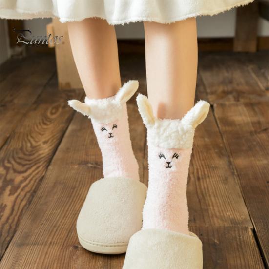 Mid Calf Socks 1 Pair Adults Cartoon Cat Rabbit Alpaca Giraffe Chick Fuzzy Fluffy Thickened Coral Fleece Stretchy Keep Warm Autumn Winter Floor