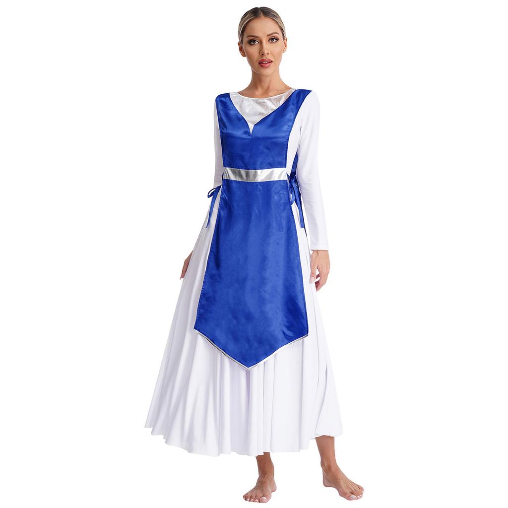 Women Church Worship Robe Choir Performance Tunic Metallic Patchwork Lace Up Sides Split Satin Dress