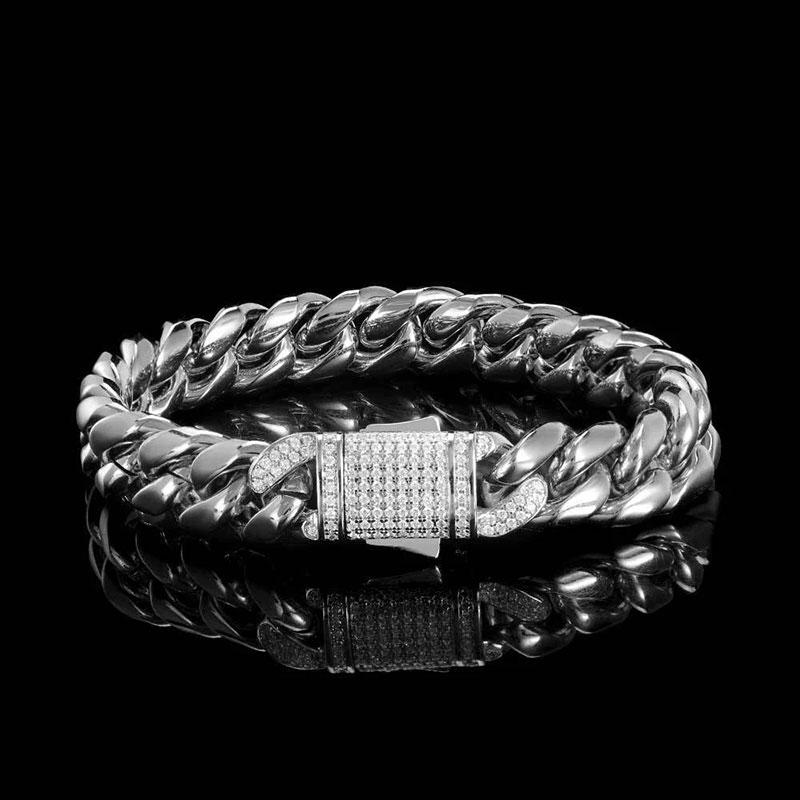 

Hip Hop Stainless Steel Bracelet Bling CZ Clasp Jewelry for Men Designs Cuban Link Bracelet Free Custom Logo Drop Shipping 7 inch(17.78cm)&Width 10mm