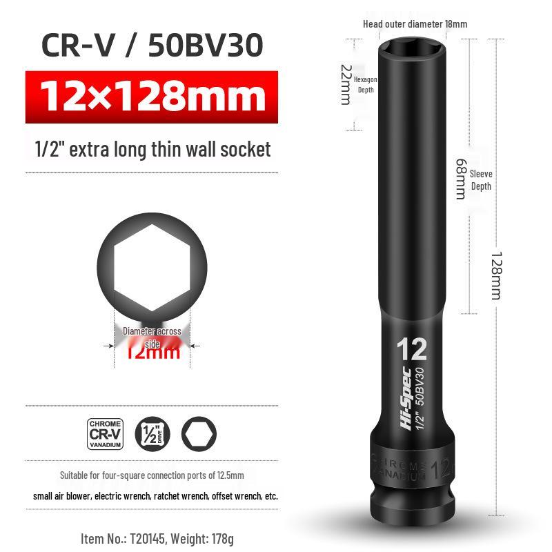 Extended Thin-Walled Hexagonal Air Impact Socket Wrench for 8/10 Motorcycle Disassembly and Repair