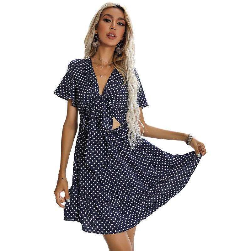 2025 New Summer Women's V-neck Hollow Polka Dot Dress