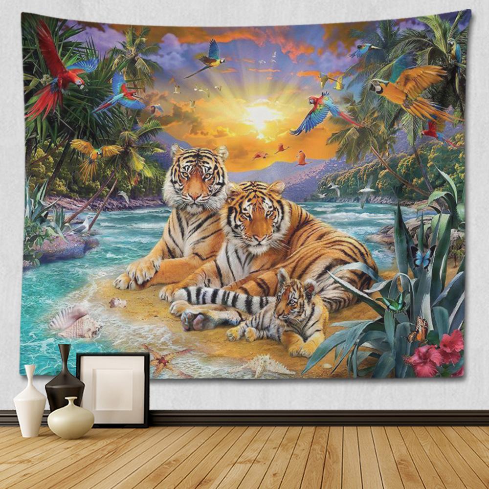 Jungle Wildlife Tiger Tapestry Cool Woodland Animal Print Tapestries Tropical Rainforest Theme Wall Hanging For Kids Boys Girls