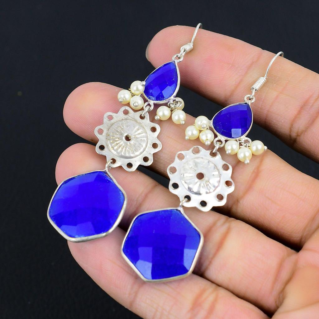 Daughters Day Sale Blue Sapphire Gemstone 925 Sterling Silver Dangling Earrings