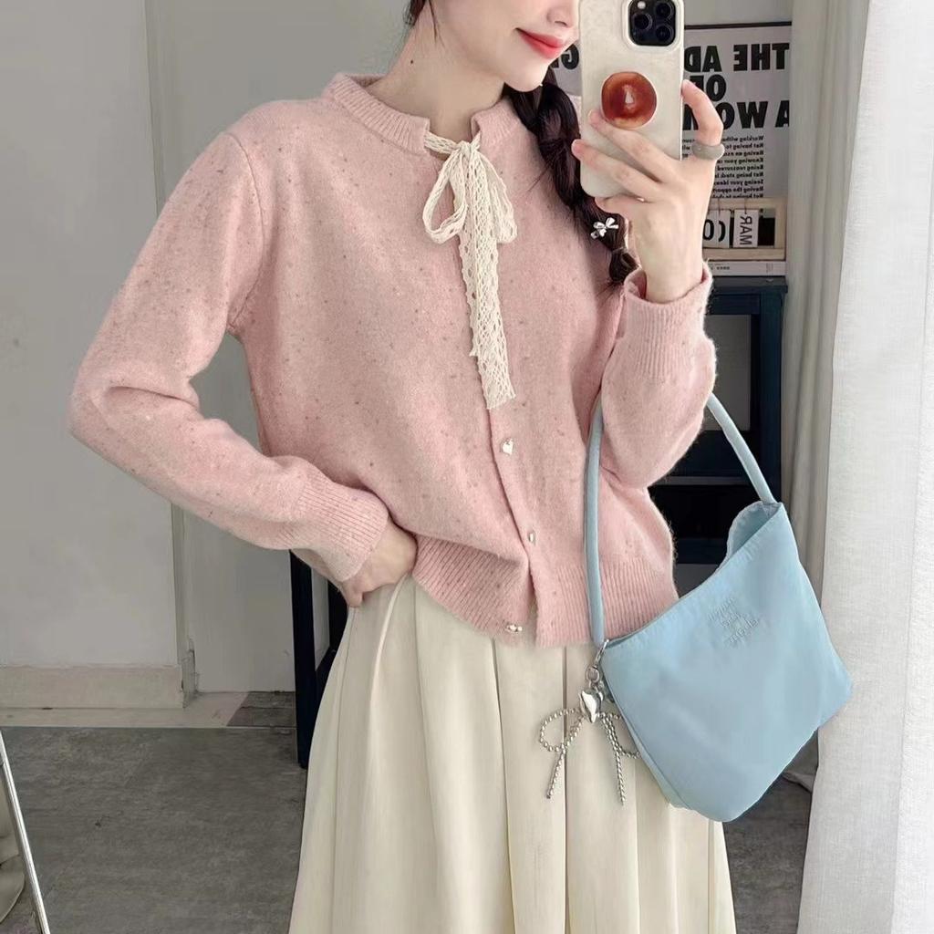 Gentle wind lace strap bow knitted cardigan women's autumn and winter sweet love buckle crew neck sweater jacket