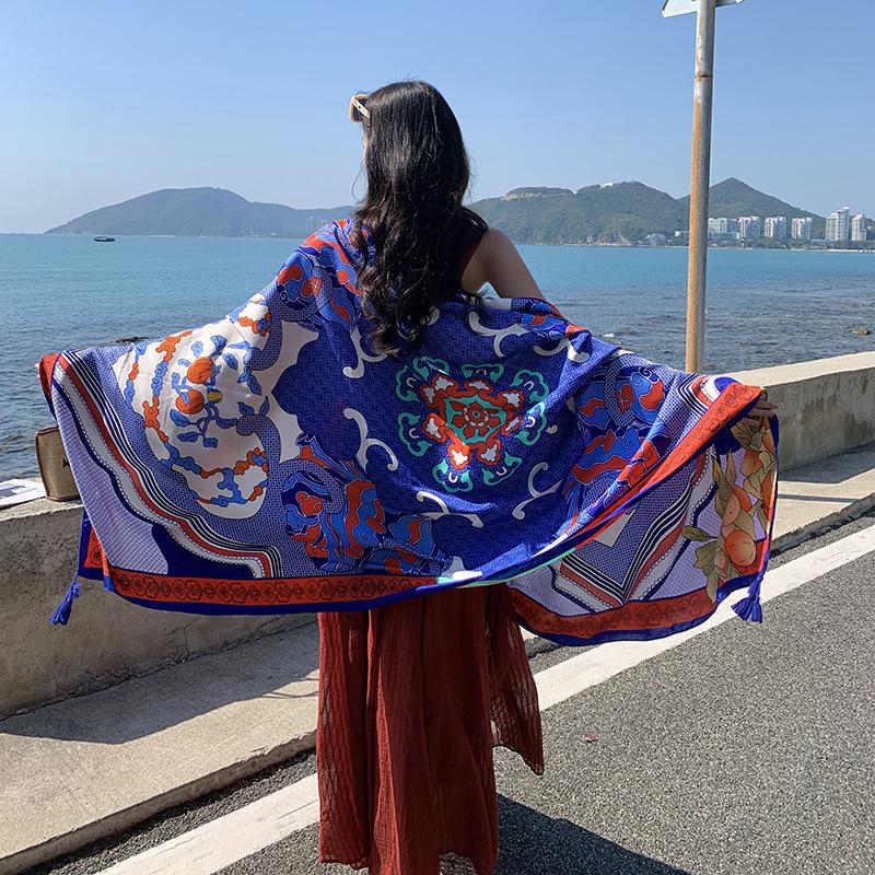Summer Fashion Elegant Women Silk Scarf Beach Wrap Shawl Print Sunscreen Bandana Hijab Mujer Bohemian Musulman Long Scarve Pareo