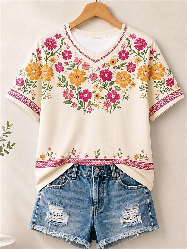 Women's Simple and Versatile Casual Short-Sleeve Floral Print Round-Neck Elegant T-Shirt Stylish Loose-Fitting Women's Top